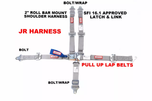 Youth Racing Harness Sfi 16.1 5 Point Latch & Link Roll Bar Mount Jr Belt Gray