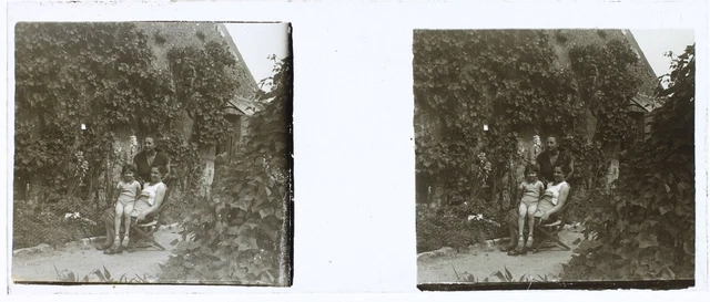 FRANCE Family Garden c1930 Photo Stereo Glass Plate Vintage V34L7n1 2