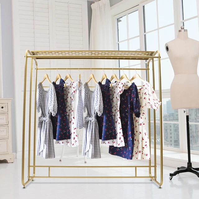 Golden Clothes Retail Metal Garment Rack Double Rod Hanging Clothing Rack