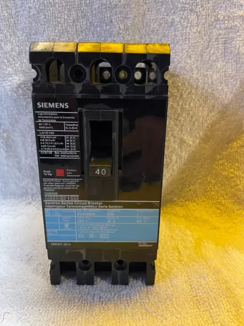 Siemens Sentron Series Circuit Breaker 40A ED43B040 480v 3 Pole