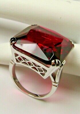 20ct Huge Simulated Ruby Ring, Sterling Silver Vintage Filigree, D1
