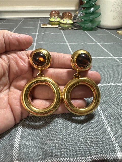 Vintage Ben Amun Cabochon Dangle Gold Tone Clip Earrings Vintage Ben Amun Cabochon Dangle Gold Tone Clip Earrings