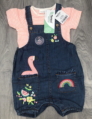 BNWT Next Baby Girl Outfit T Shirt & Denim Dungaree 9-12 Months Flamingo Summer