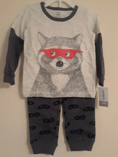 Carter Infant Boy 2 Piece Outfit Mock Layered T-Shirt Pants Racoon Grey 24 Month