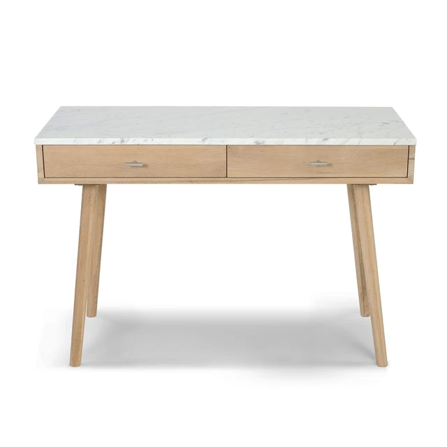 Viola 44" Rectangular Italian Carrara White Marble Writing Desk with Oak Legs