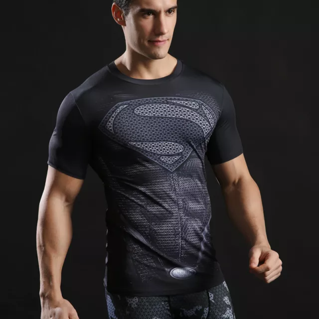 Mens t shirt compression top gym superhero avengers movie theme muscle superman 2
