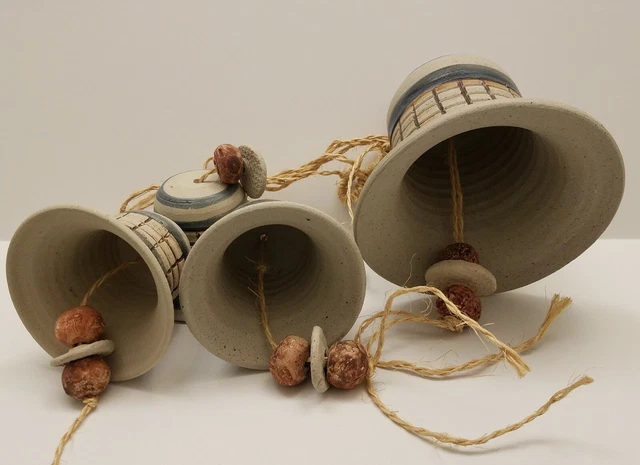 4 Piece Bells Rustic Ceramic Hanging Cord Indoor Outdoor Patio Garden