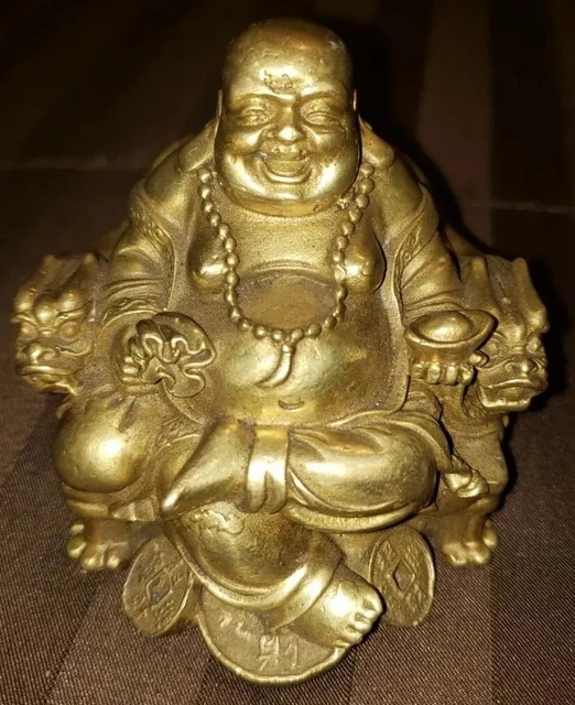 3" chinese Buddhism Brass money coin Wealth money Dragon Maitreya Buddha Statue