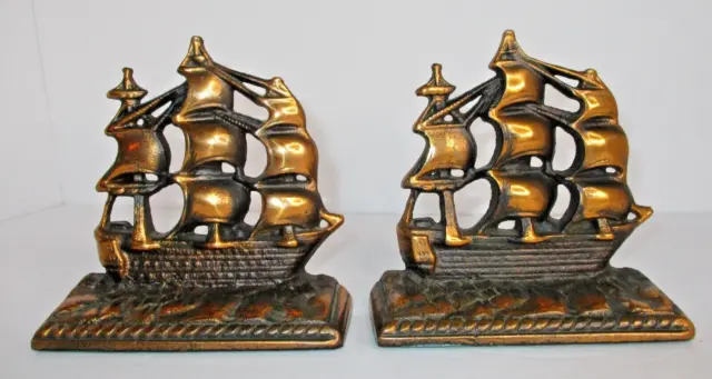 Vintage Old Ironsides USS Constitution Cast Iron Clipper Ship Nautical Bookends