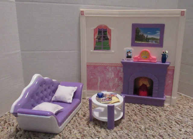 Barbie Size Goldlok Sweet Home Purple Sofa Coffee Table Wall Fireplace Accessory