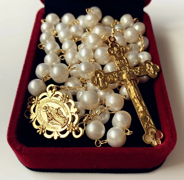 GOLD (AAA 10MM) Real Pearl Catholic rosary bead Cross crucifix necklace gift box