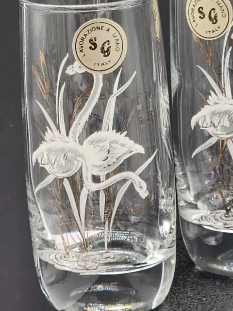 Lavorazione A Mano Hand Painted Flamingos Glass Cordials Set of 6 Italy 3.5" 2