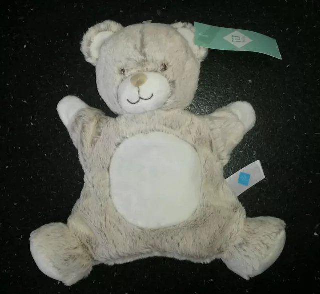 Doudou Peluche ours Tex baby marionnette blanc marron fourrure Chiné beige