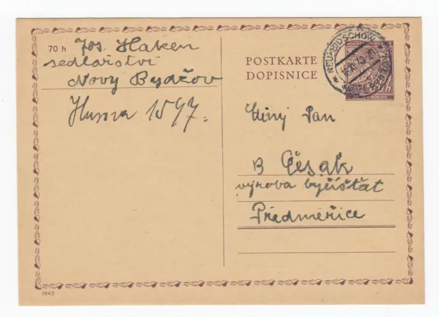 Böhmen und Mähren Postkarte Ganzsache aus Neubidschow Nový Bydžov 1940