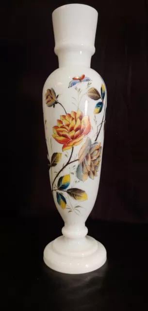 1930s-40s Victorian Bohemian Hand Painted Blown Opaline Glass Vase
