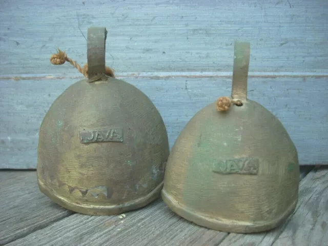 Lot of 2 Vintage Javanese Java Indonesia Brass Bell Wooden Clapper Original