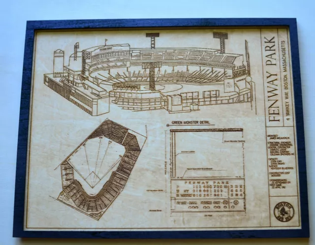 Fenway Park Boston Red Sox Green Monster Blueprint Wood Engraved Plaque