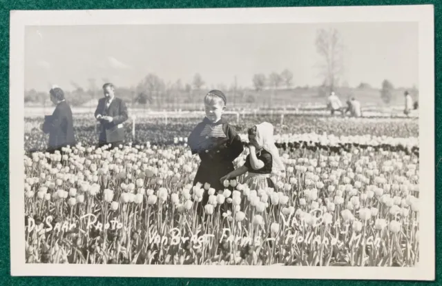 Tulip Fields Holland Michigan Dutch Kids Real Photo Postcard RPPC MI 1930's
