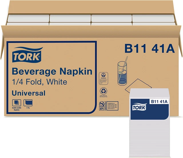 Tork White Beverage Napkin, 1/4 Fold 1-Ply, 9.4" X 9.4", 8 X 500 Napkins, B1141A