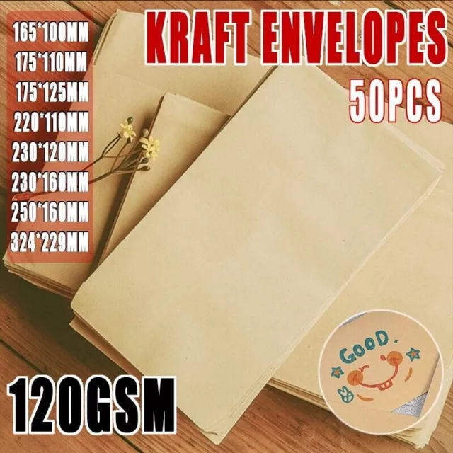 8 Sizes 50PCS Kraft Envelopes Brown Mailer Standard Business Envelope 120GSM AU