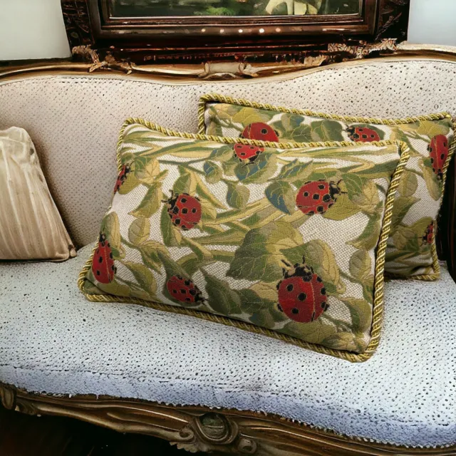 VTG Set 2  Tapestry Throw Sofa Pillows French Country LADYBUG Garden Rectangle