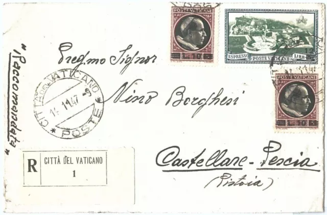 71925 - VATICANO -  STORIA POSTALE - ESPRESSO su  busta RACCOMANDATA 1947