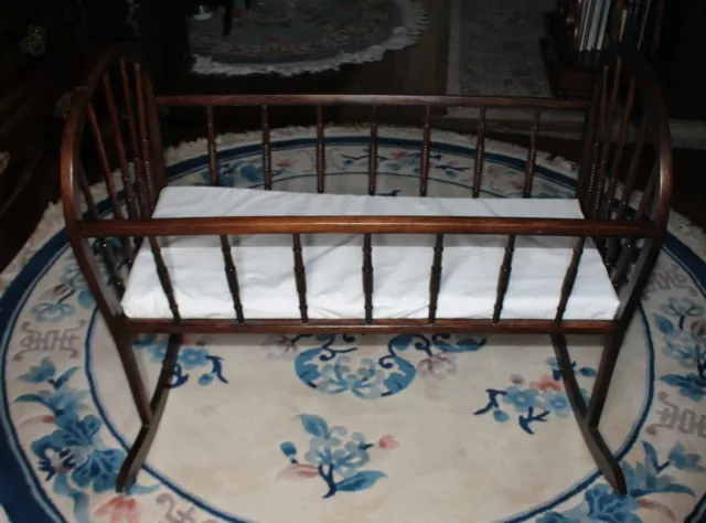 Rare! Antique Victorian "1902" Handmade Turned Spindles Dark Oak Rocking Cradle