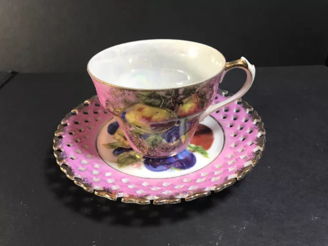 Vintage L M Royal Halsey Very Fine China Pink Tea Cup Reticulated Saucer Japan