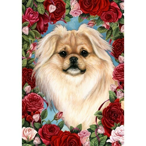 Roses House Flag - Cream Sable Tibetan Spaniel 19475