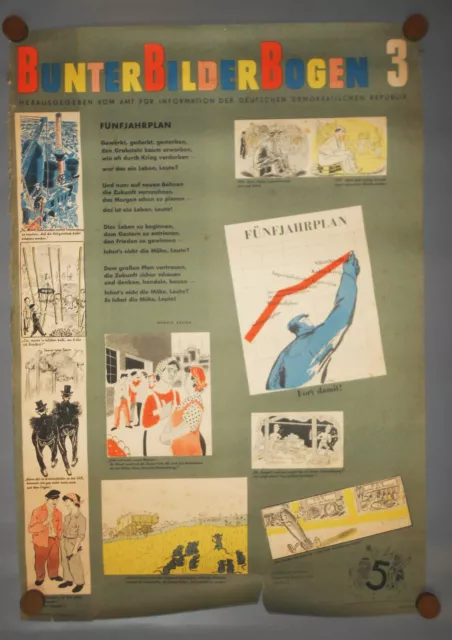 DDR Plakat um 1950 Bunter Bilder Bogen 3 Propaganda gegen Amerika Karikaturen