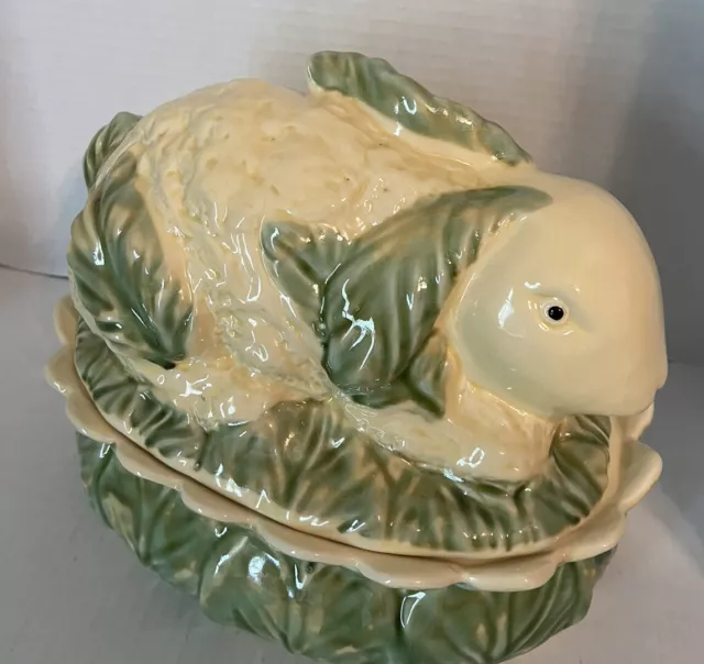 VINTAGE RABBIT COOKIE JAR/ Tureen OBLONG WITH LEAVES AND SCALLOPED RIM
