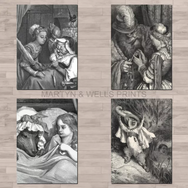 Gustave Dore prints: A4 canvas paper / art. Red Riding Hood. Sleeping Beauty.