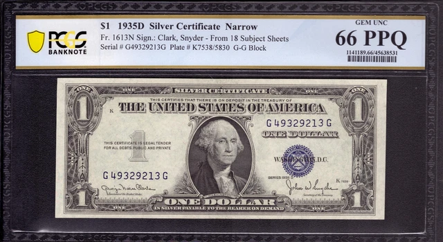 1935 D $1 Silver Certificate Subject 18 Note Fr.1613N Gg Block Pcgs B Gem 66 Ppq