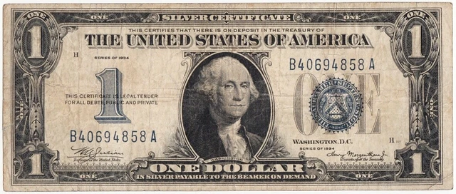 ONE DOLLAR 1934 VG+. Silver Certificate FUNNY BACK Blue Seal Serial #B406948558A