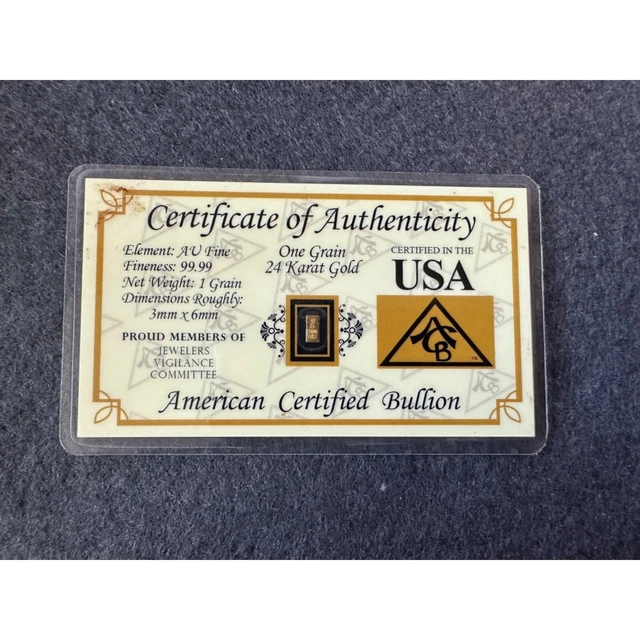 One Grain 24K Gold Bullion 99.99 Fine 3mm by 6mm Certificate Credit Card Size