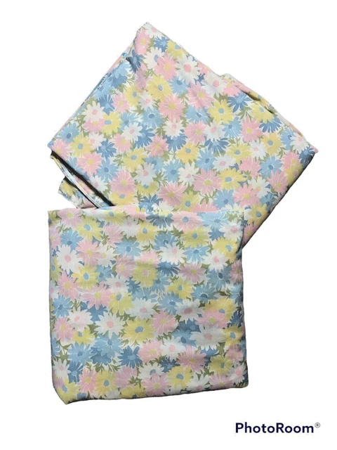 VTG Full Fitted & Flat Sheet Fruit of Loom Blue Pink Yellow Daisy Floral RETRO VTG Full Fitted & Flat Sheet Fruit of Loom Blue Pink Yellow Daisy Floral RETRO