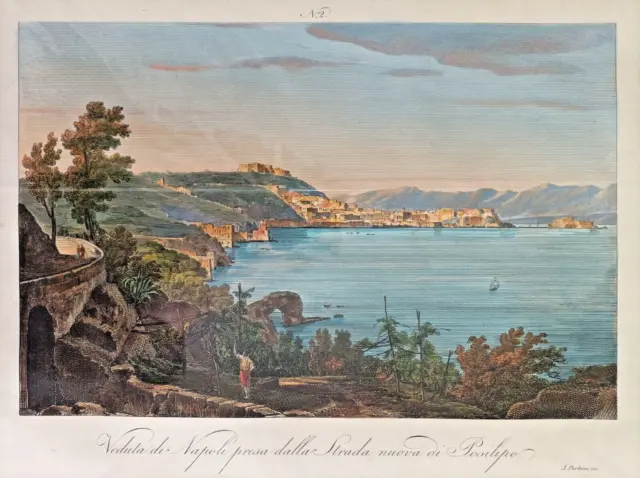 1845 ca. Veduta di Napoli da Posillipo  Acquaforte Acquerellata In Pass