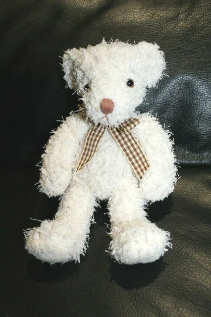 Doudou peluche ours blanc écharpe vichy marron jaune KEEGAN RUSS 22 cm