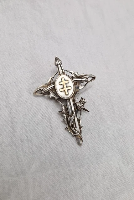 Broche Ancienne Patriotique Croix De Lorraine Et Chardon - Style Art Nouveau - Argenté - Époque