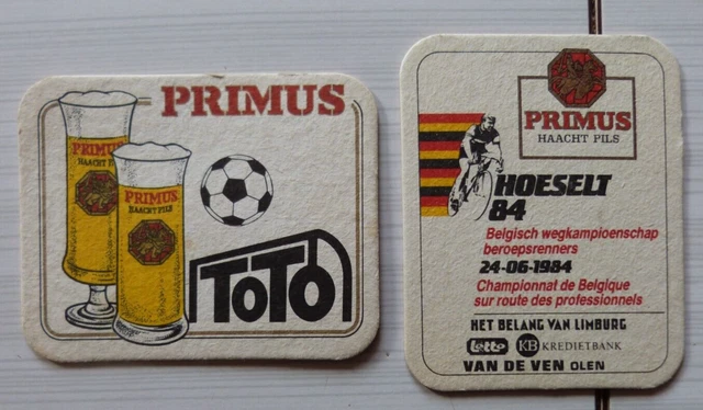 2 Sous Bock Biere Primus Haacht, Foot + Cyclisme 1984 Hoeselt Van De Ven Olen