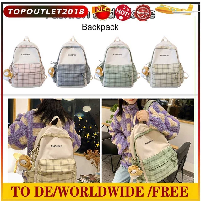 Casual Retro Plaid Backpack Kawaii College Knapsack Cute Pendant for Sports Work