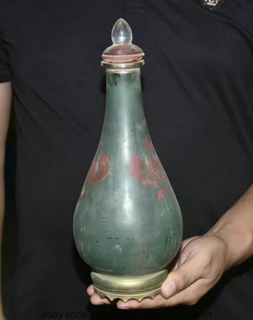 12 " Old Chinese Green Glaze Dynasty Palace Crystal Lid Flower Pattern Bottle