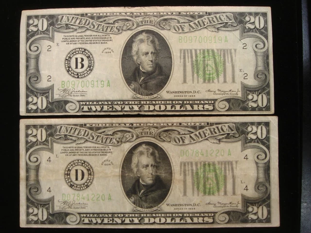 2 1934 $20 Federal Reserve Notes B & D Light Green Seal about VF