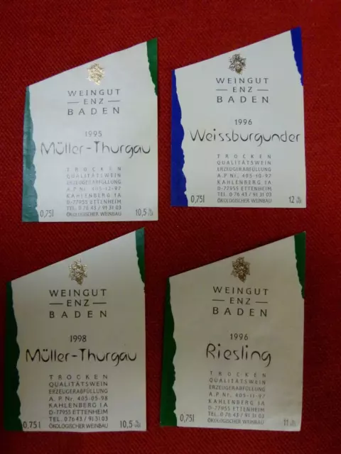 Weinetikett 1995-98er Baden Weingut Enz 4 verschiedene 2