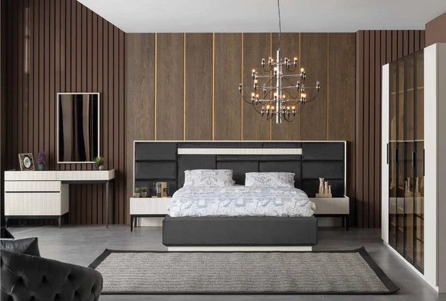 Luxe Chambre Lit Table de Chevet Penderie Lits Tissu Bois Set 4tlg Neuf