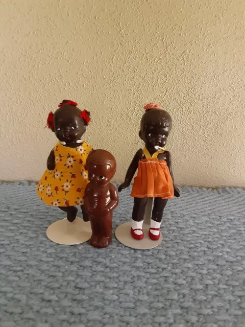 2 Vintage 1930s Bisque Porcelain 5" Black Dolls Japan 1 Plastic 3" Doll