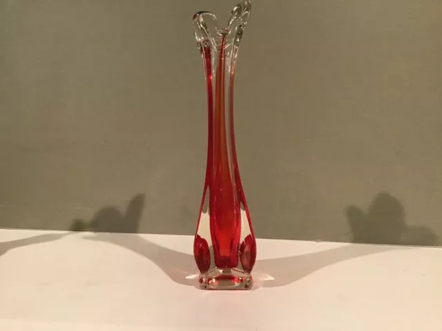 Hand Blown Thick Art Glass Red Tulip Bud Vase