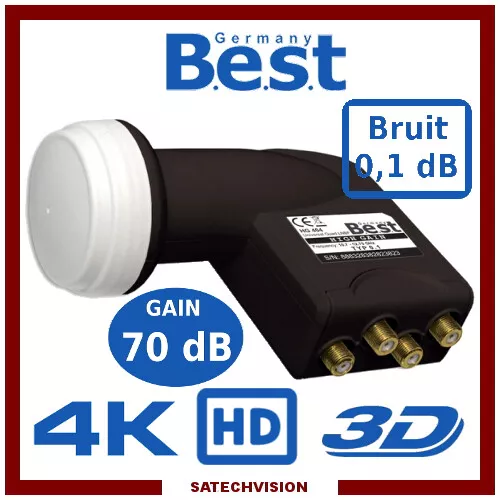 LNB Quad Best Germany HG404 0,1 dB Gain 70 dB Tête 4 Sorties Full HD 3D UHD 4K