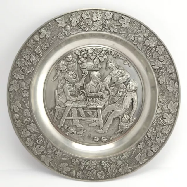 Zinn-Becker Filigran Gravur Pewter Stammtisch Scene Wall Plate Stuttgart Germany