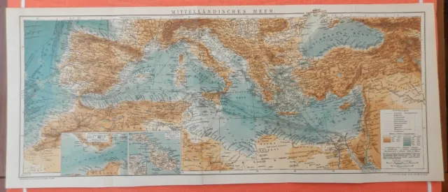 Mittelländisches Meer Mittelmeer Dampferlinien  Meerestiefen  Seekarte von 1904